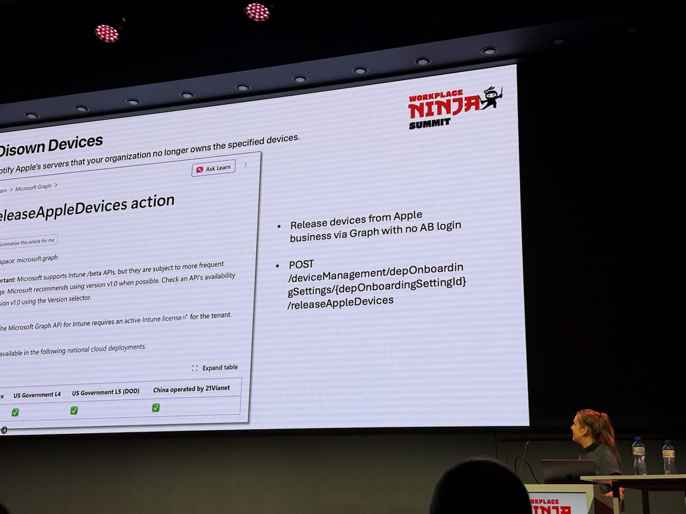 Slide "Disown Devices" showing the Microsoft Graph releaseAppleDevices action documentation alongside the POST URL for deviceManagement/depOnboardingSettings/{depOnboardingSettingId}/releaseAppleDevices