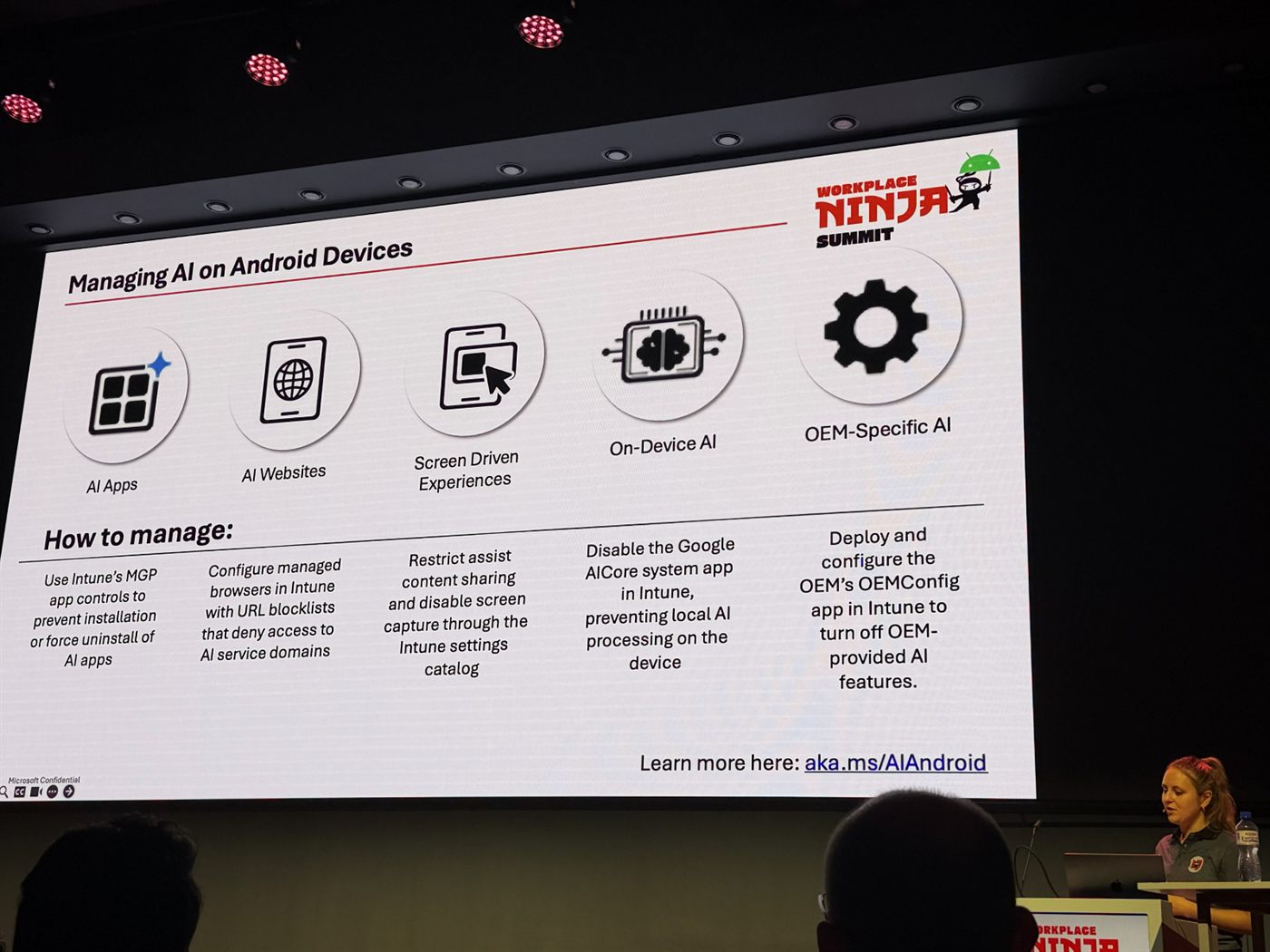 Slide "Managing AI on Android Devices" with five categories: AI apps, AI websites, screen driven experiences, on-device AI and OEM-specific AI, each with a corresponding management approach