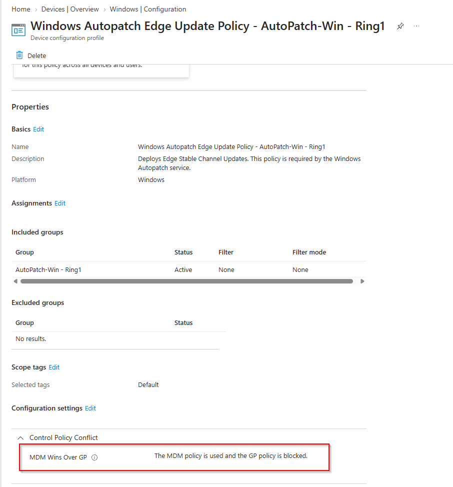 Windows Autopatch Edge Update Policy with MDM Wins Over GP configured