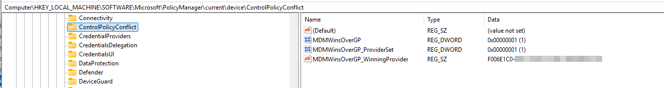 ControlPolicyConflict with MDMWinsOverGP set to 1