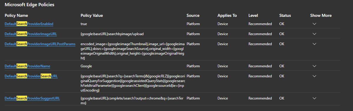 edge://policy still showing the removed DefaultSearchProvider settings