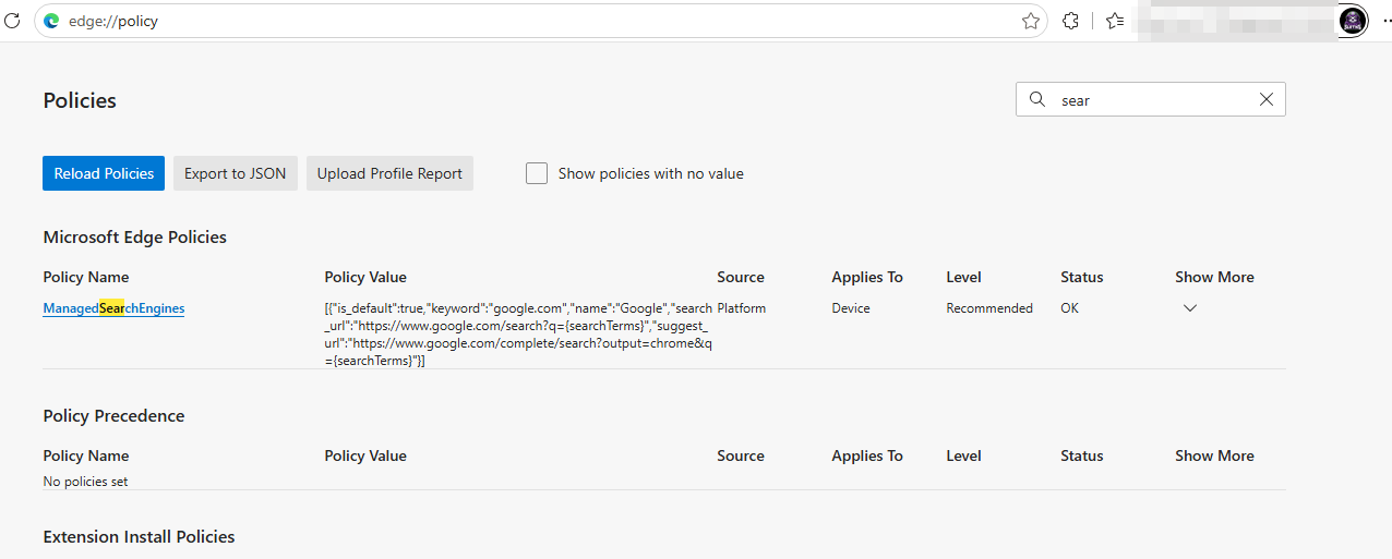 edge://policy in the working tenant showing only ManagedSearchEngines
