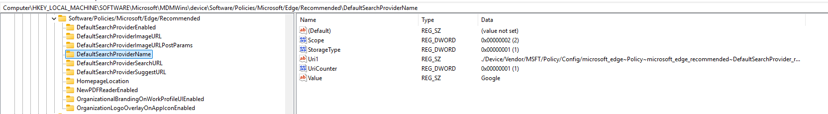 MDMWins blocking record for DefaultSearchProviderName with the saved value Google