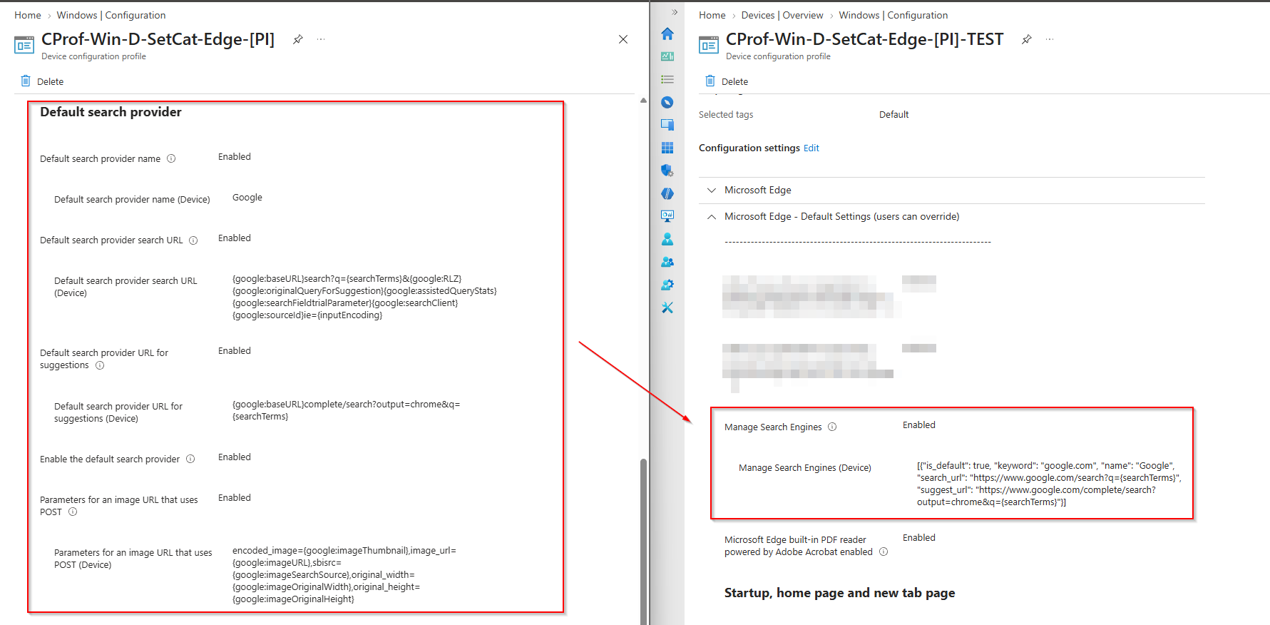 Old DefaultSearchProvider settings (left) and the new Manage Search Engines setting in the test profile (right)