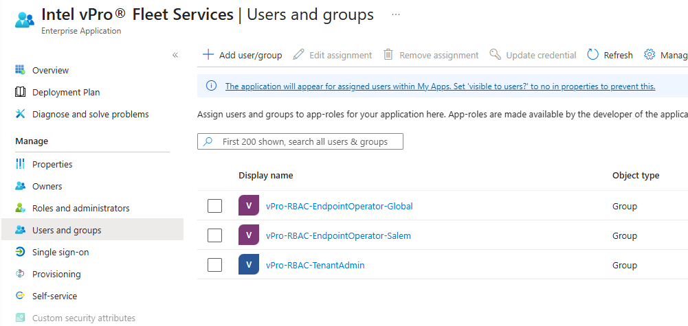 RBAC groups assigned to the enterprise application
