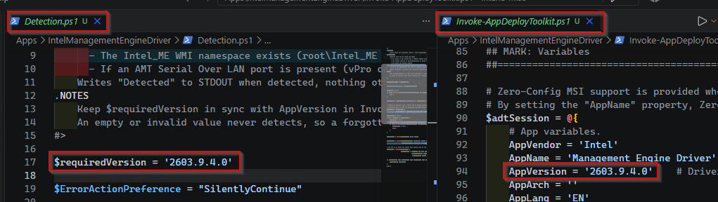 The MEI version in Detection.ps1 and Invoke-AppDeployToolkit.ps1