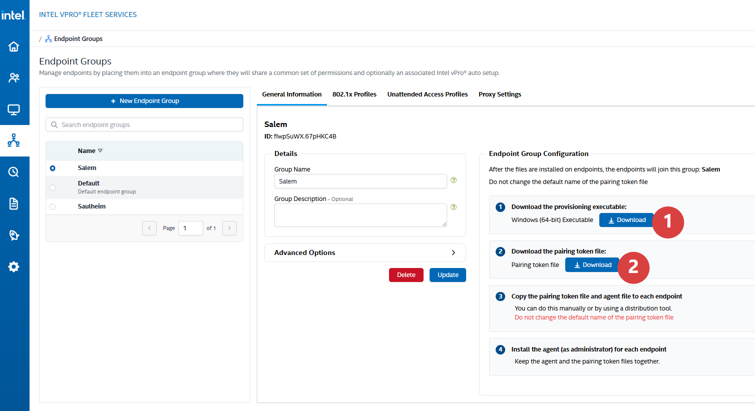Endpoint group with agent and pairing token download