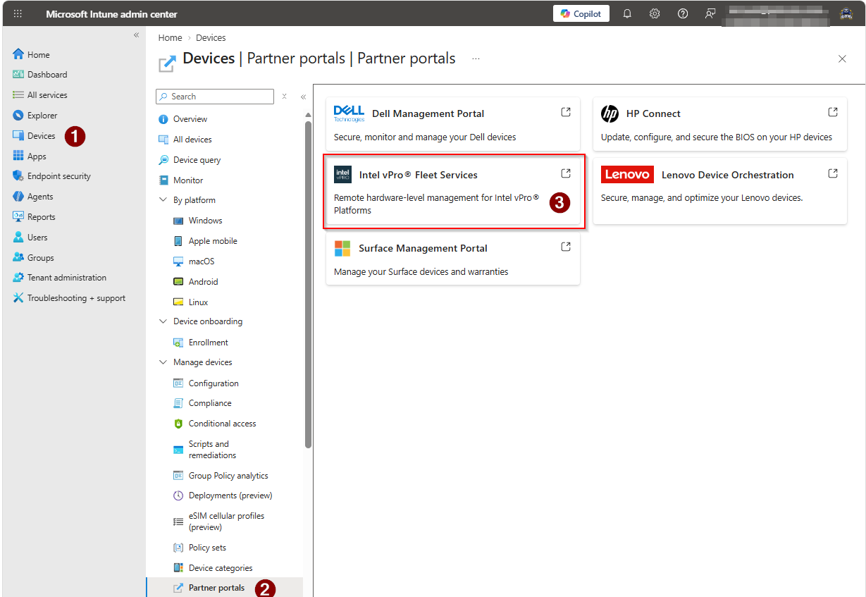 Intel vPro Fleet Services in the Intune partner portals