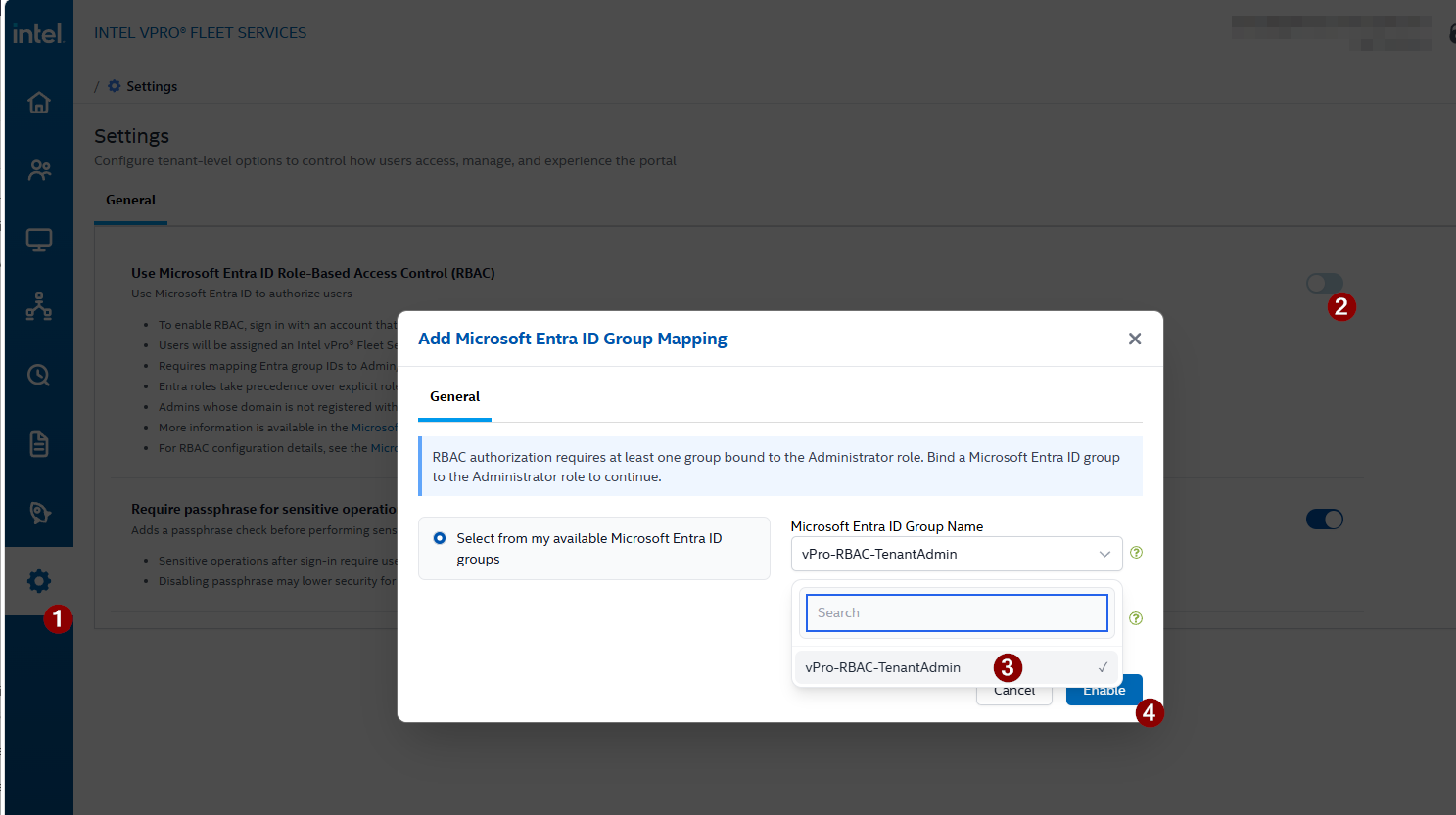 Enable RBAC and bind the Tenant Administrator group