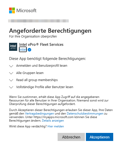 Admin consent dialog