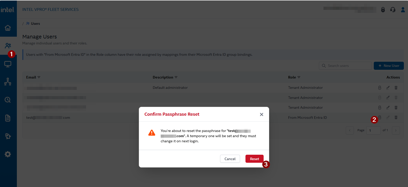 Reset the passphrase of an RBAC user