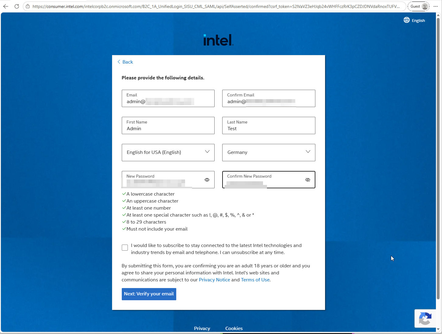 Create an Intel account