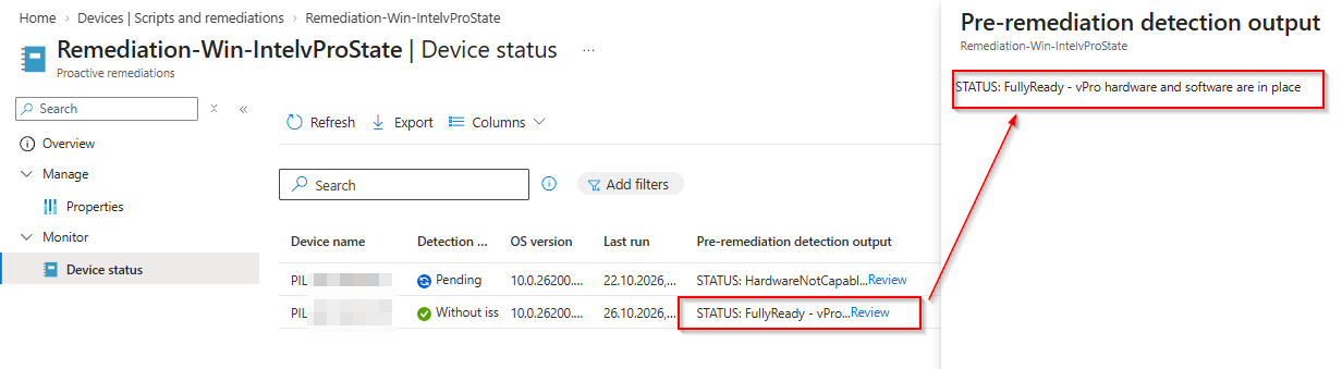 Detection output of the pilot device after the agent
